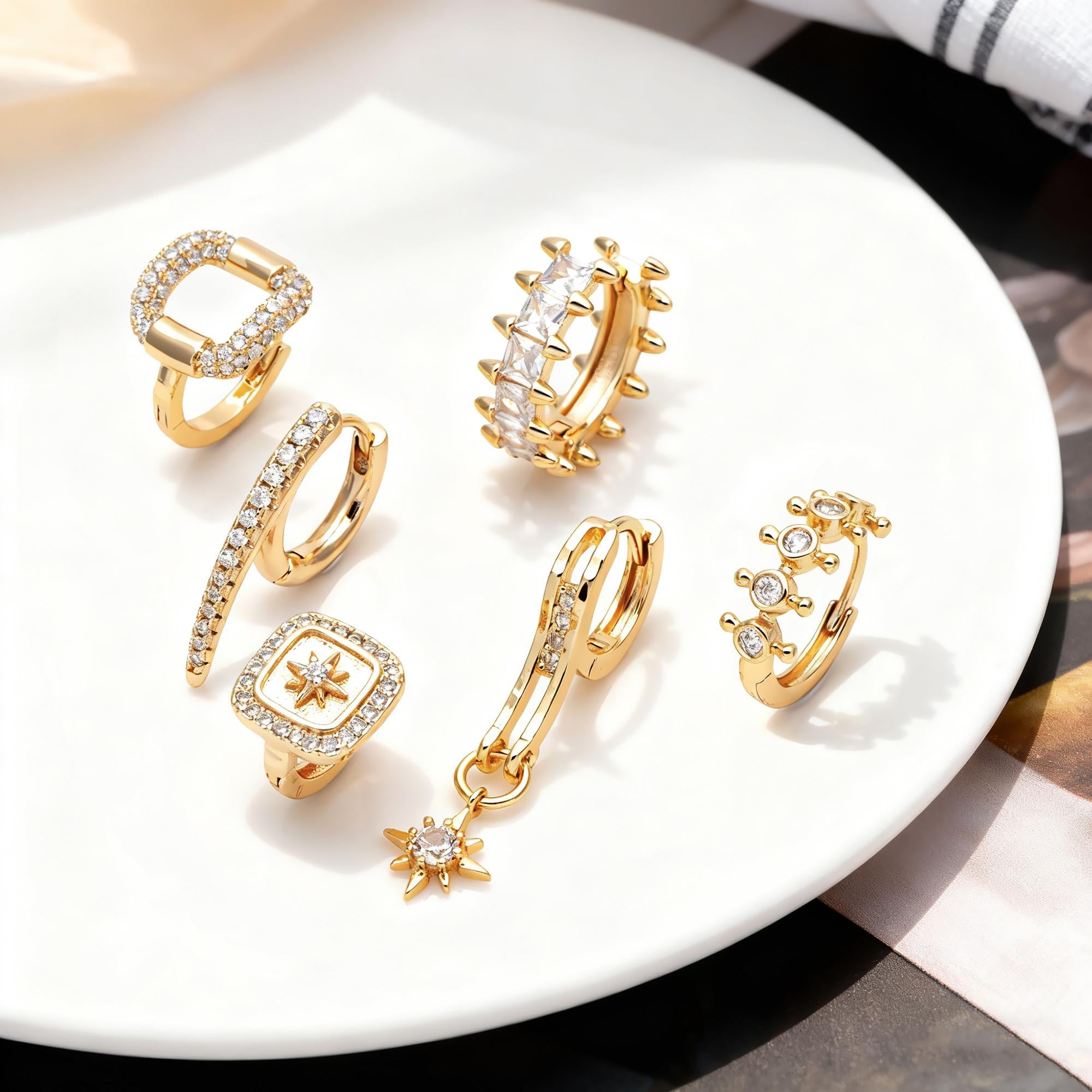 4pcs CZ Pave Hoop Earrings, 18K Real Gold plated Huggie Earrings (GB-3894)